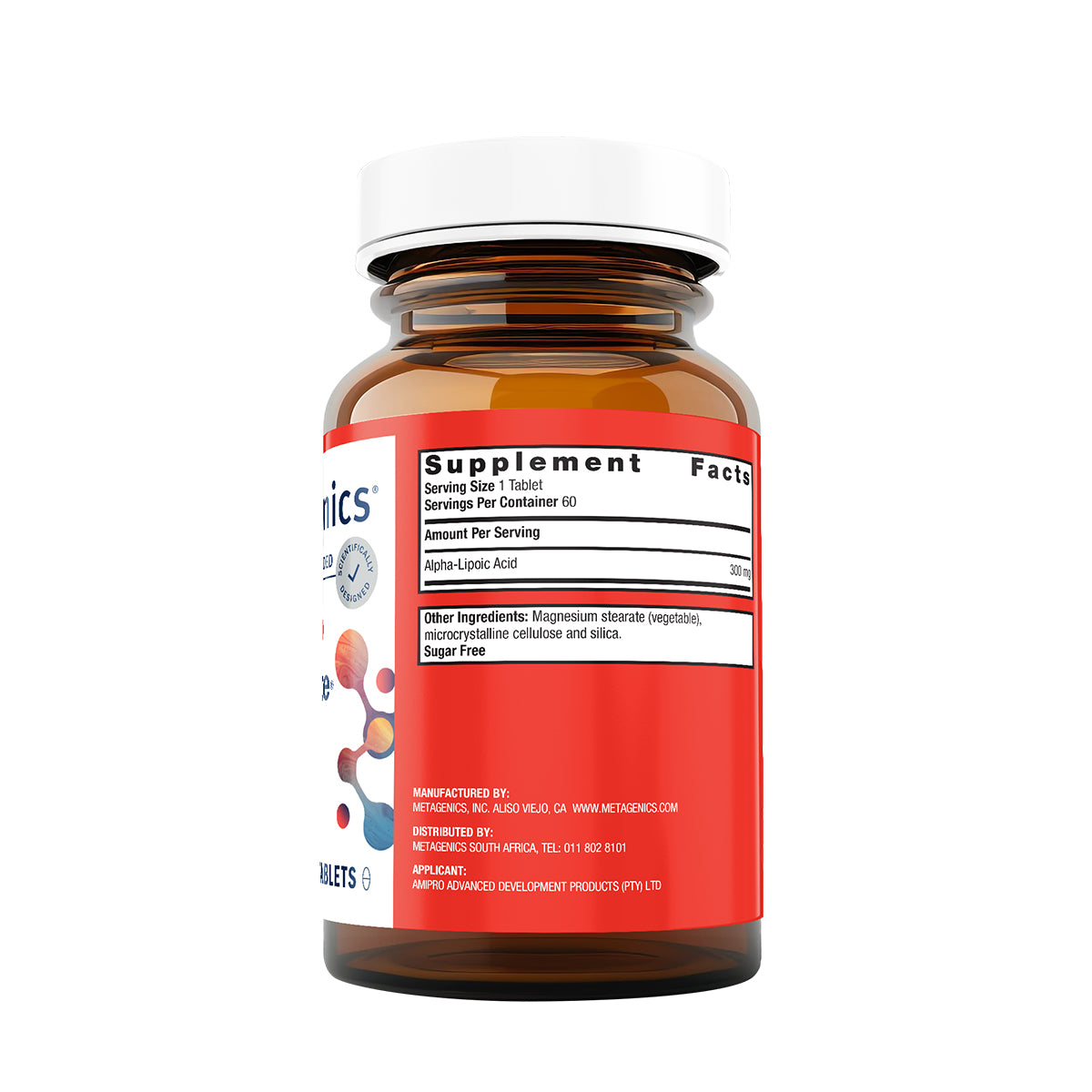 Side view of the Metagenics Meta Lipoate 300 mg supplement bottle showing the supplement facts panel