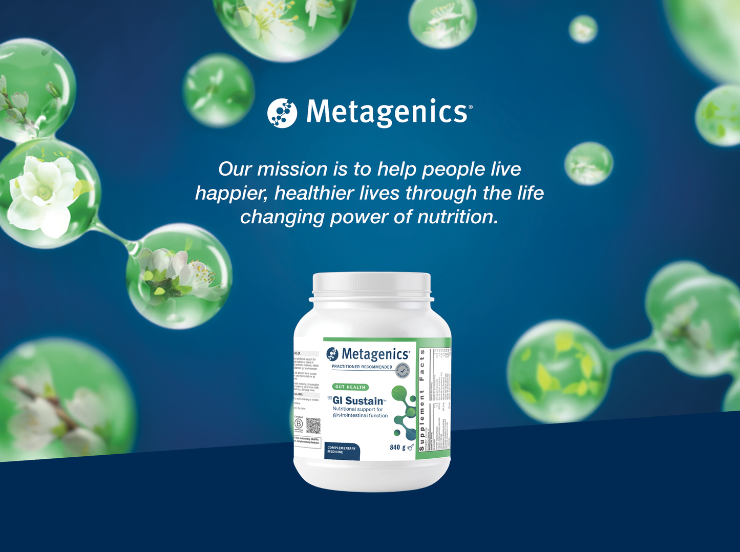Metagenics GI Sustain nutritional support powder displayed with the Metagenics mission to help people live happier and healthier lives through the life-changing power of nutrition