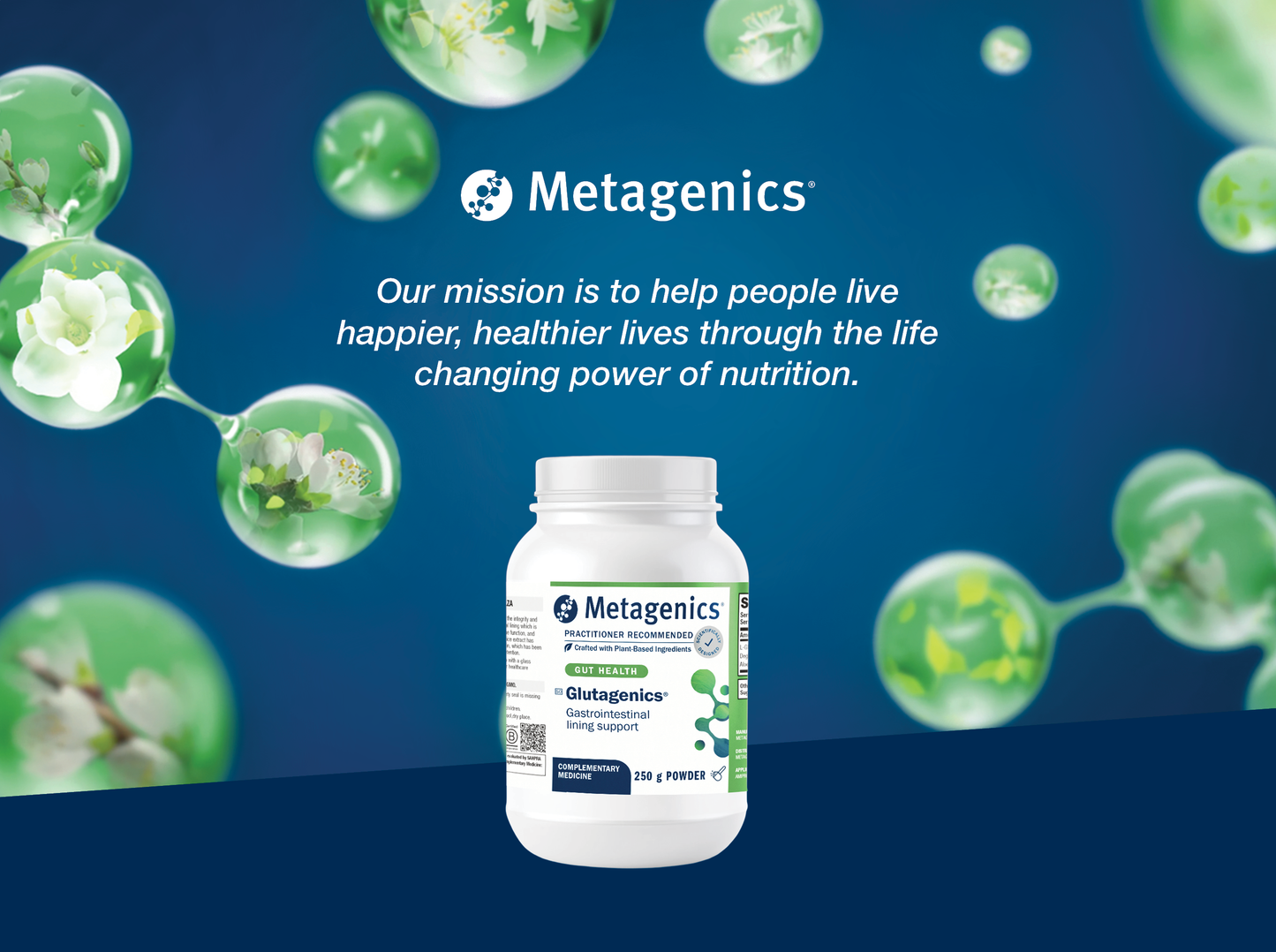 Metagenics Glutagenics powder displayed with the Metagenics mission to help people live happier and healthier lives through the life-changing power of nutrition