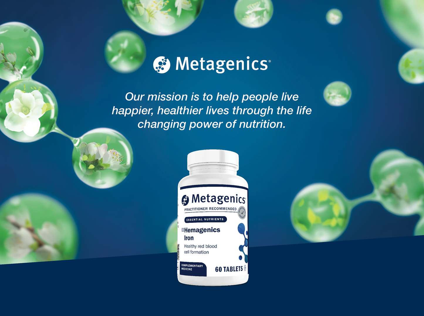 Metagenics Hemagenics Iron supplement bottle displayed with the Metagenics mission to help people live happier and healthier lives through the life-changing power of nutrition