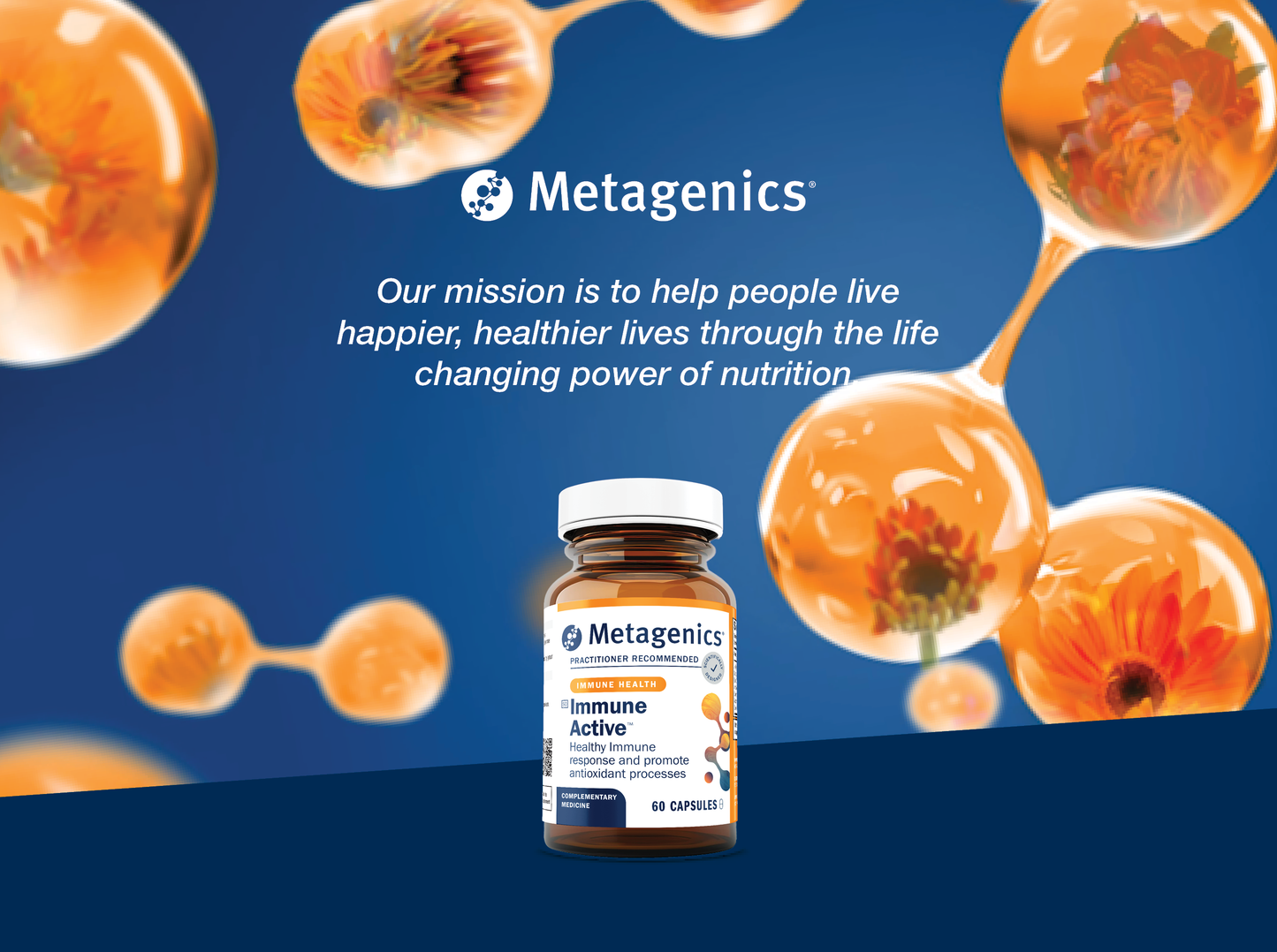 Metagenics Immune Active supplement bottle displayed with the Metagenics mission to help people live happier and healthier lives through the life-changing power of nutrition