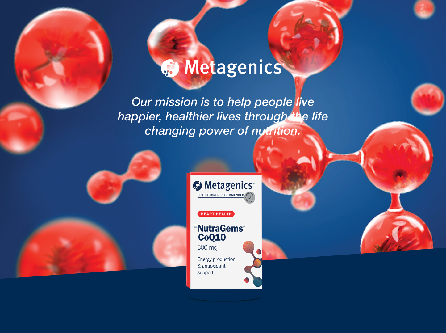Metagenics NutraGems CoQ10 300 mg displayed with the Metagenics mission to help people live happier and healthier lives through the life-changing power of nutrition