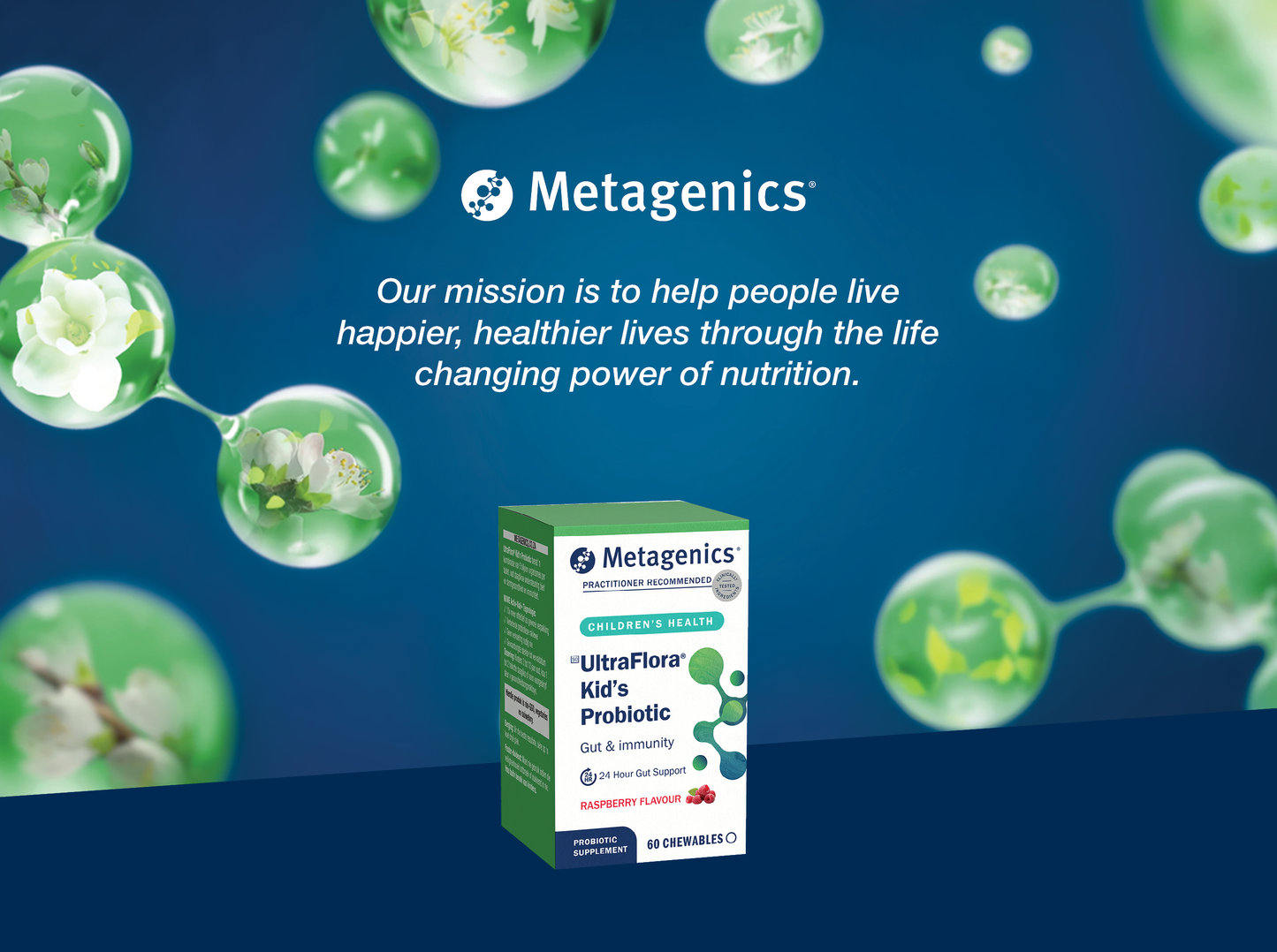 Metagenics UltraFlora Kid's Probiotic displayed with the Metagenics mission to help people live happier and healthier lives through the life-changing power of nutrition
