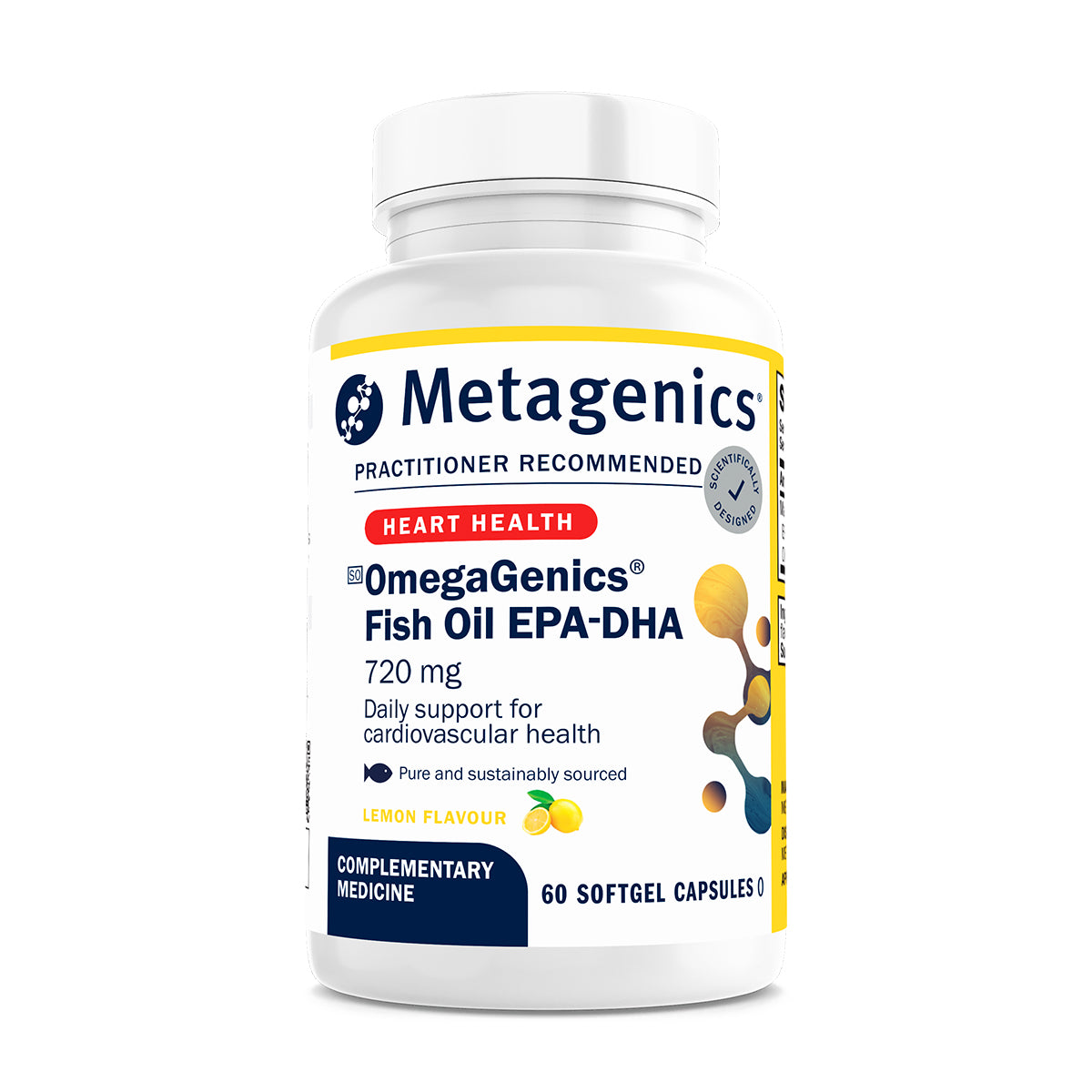 Metagenics OmegaGenics Fish Oil EPA-DHA 720 mg supplement for cardiovascular health support on a white background