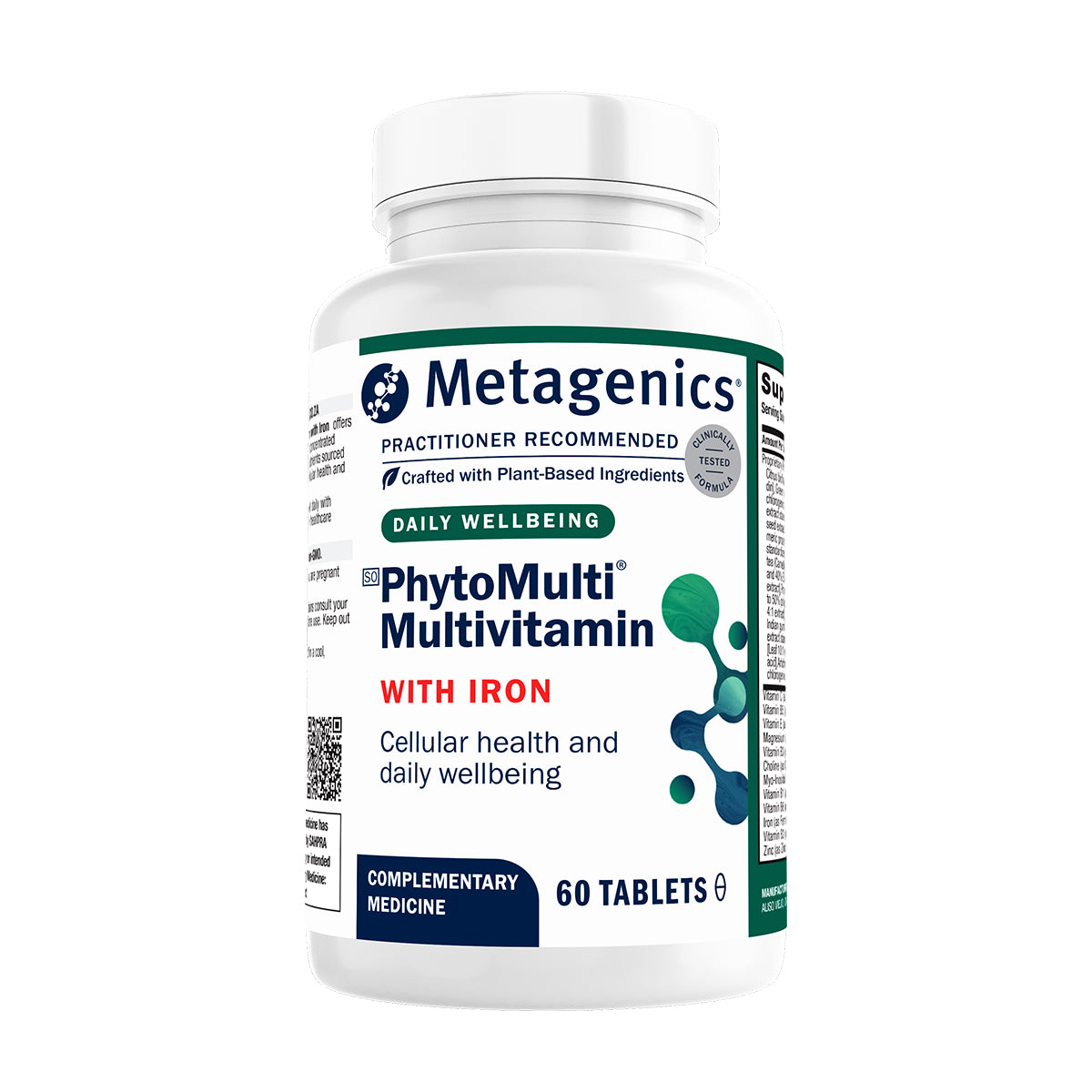 Metagenics PhytoMulti Multivitamin with Iron supplement for cellular health and daily wellbeing support on a white background