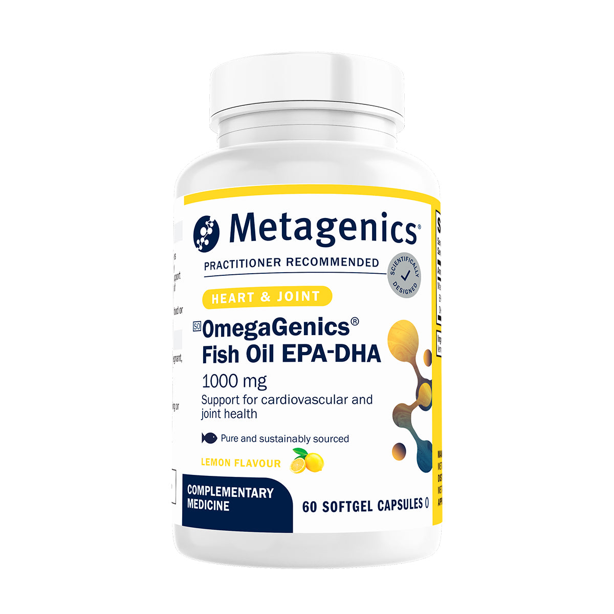 Metagenics OmegaGenics Fish Oil EPA-DHA 1000 mg supplement for cardiovascular and joint health support on a white background