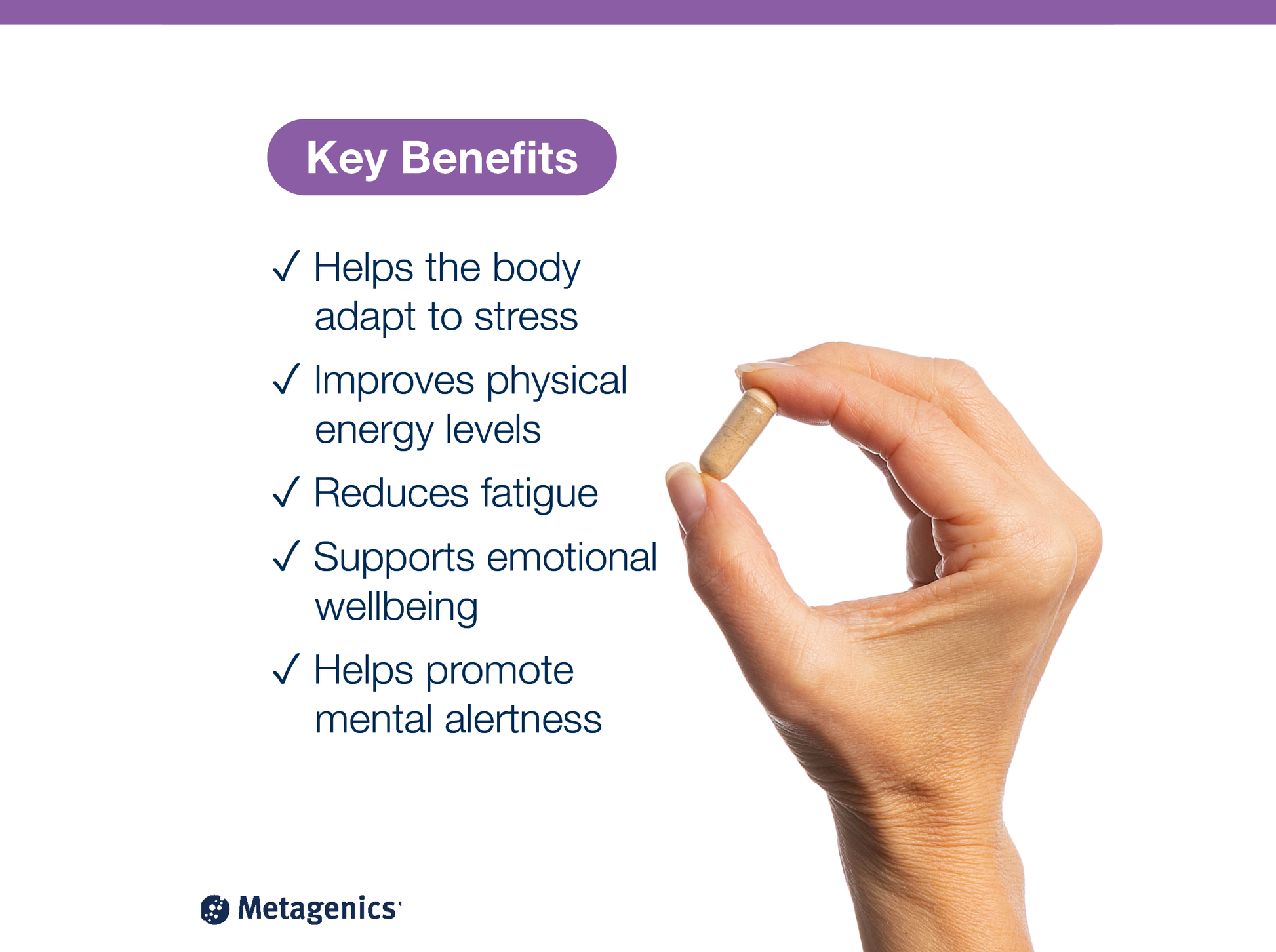A hand holding a small beige capsule pill against a white background with a purple header reading 'Key Benefits' and a list of health benefits. The Metagenics logo appears at the bottom left.