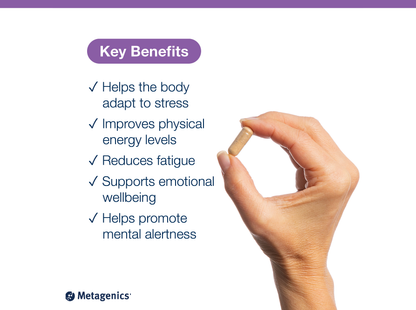 A hand holding a small beige capsule pill against a white background with a purple header reading 'Key Benefits' and a list of health benefits. The Metagenics logo appears at the bottom left.