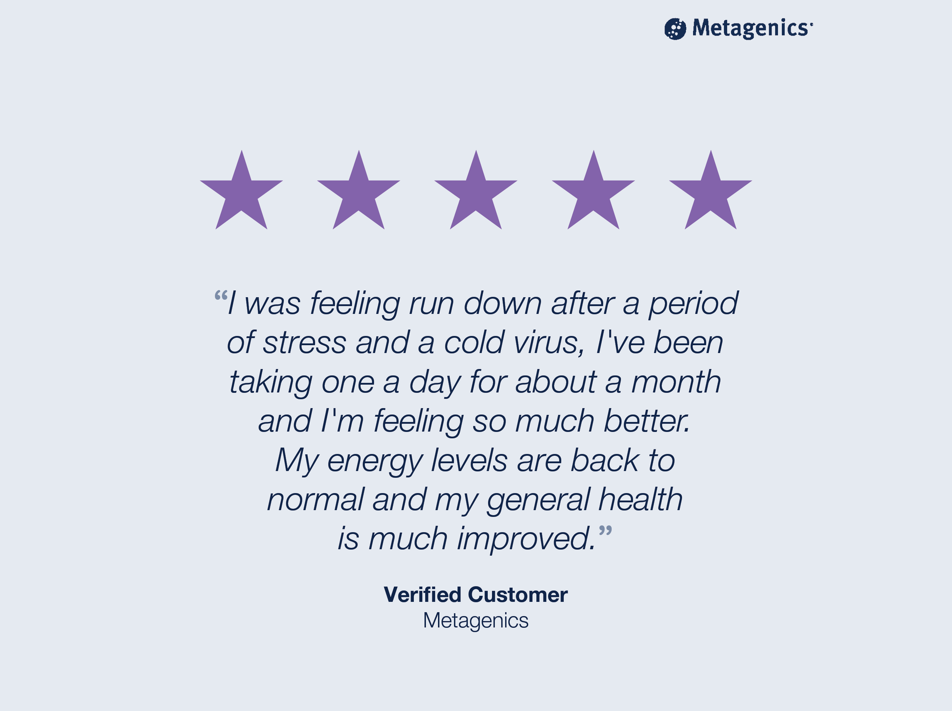 A Metagenics testimonial graphic on a light blue background, featuring five stars and a customer quote in dark blue text, with the Metagenics logo at the top right.