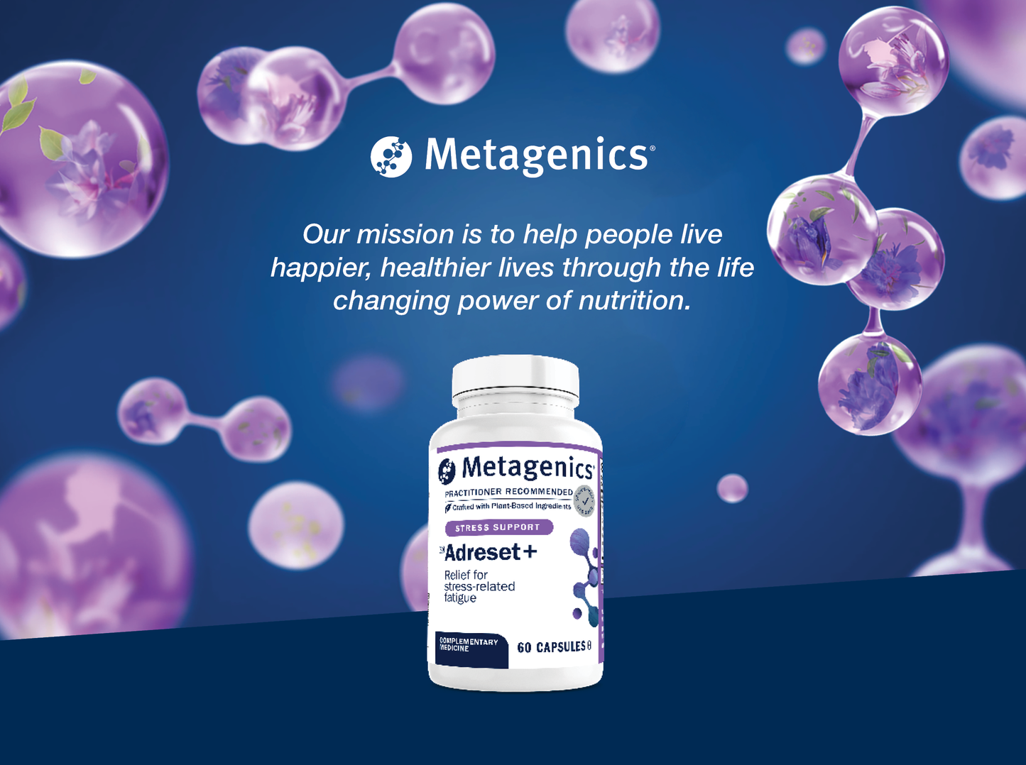 A bottle of Metagenics Adreset+ dietary supplement capsules centered on a dark blue background with floating purple molecular graphics and Metagenics mission text above.