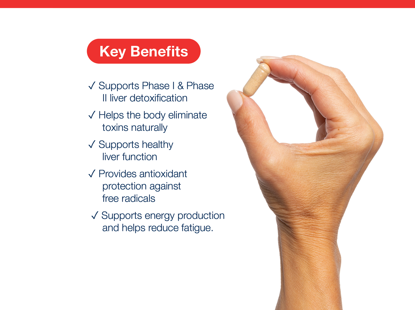 A hand holding AdvaClear+ against a white background with a red header reading 'Key Benefits' and a bulleted list of health benefits.