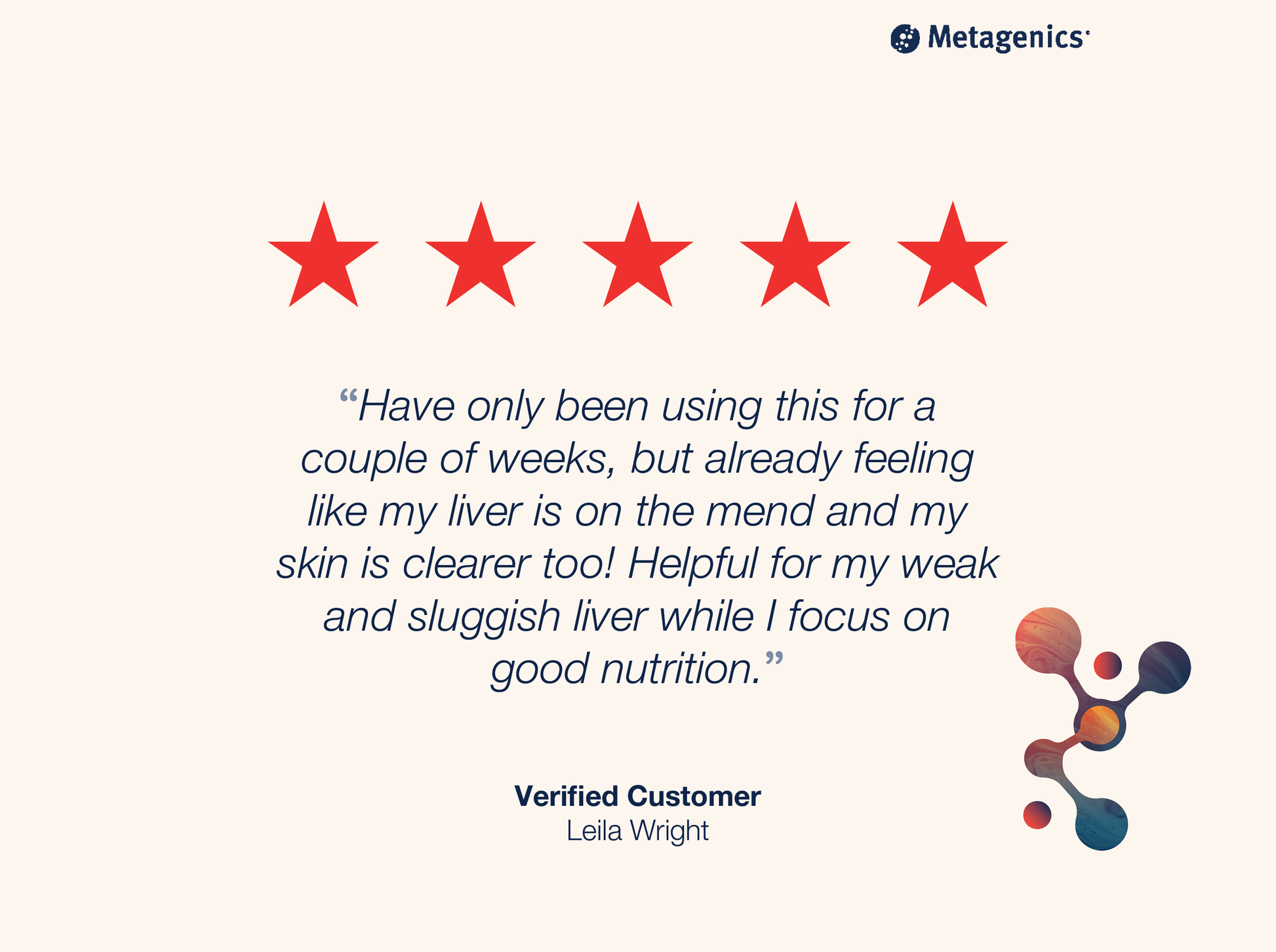 A Metagenics customer review card with five stars, and a customer quote in dark blue text.