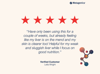 A Metagenics customer review card with five stars, and a customer quote in dark blue text.