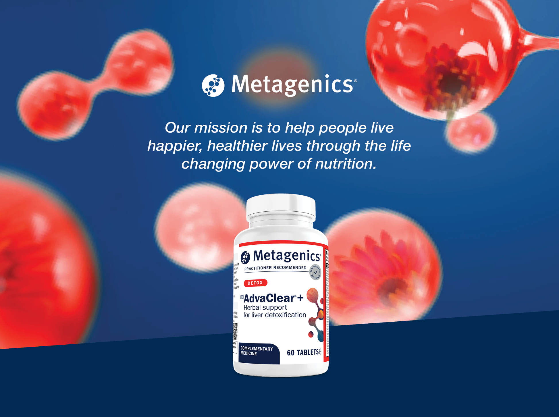 Metagenics AdvaClear+ supplement bottle shown against a blue background with red microscopic molecule graphics and the Metagenics mission text.
