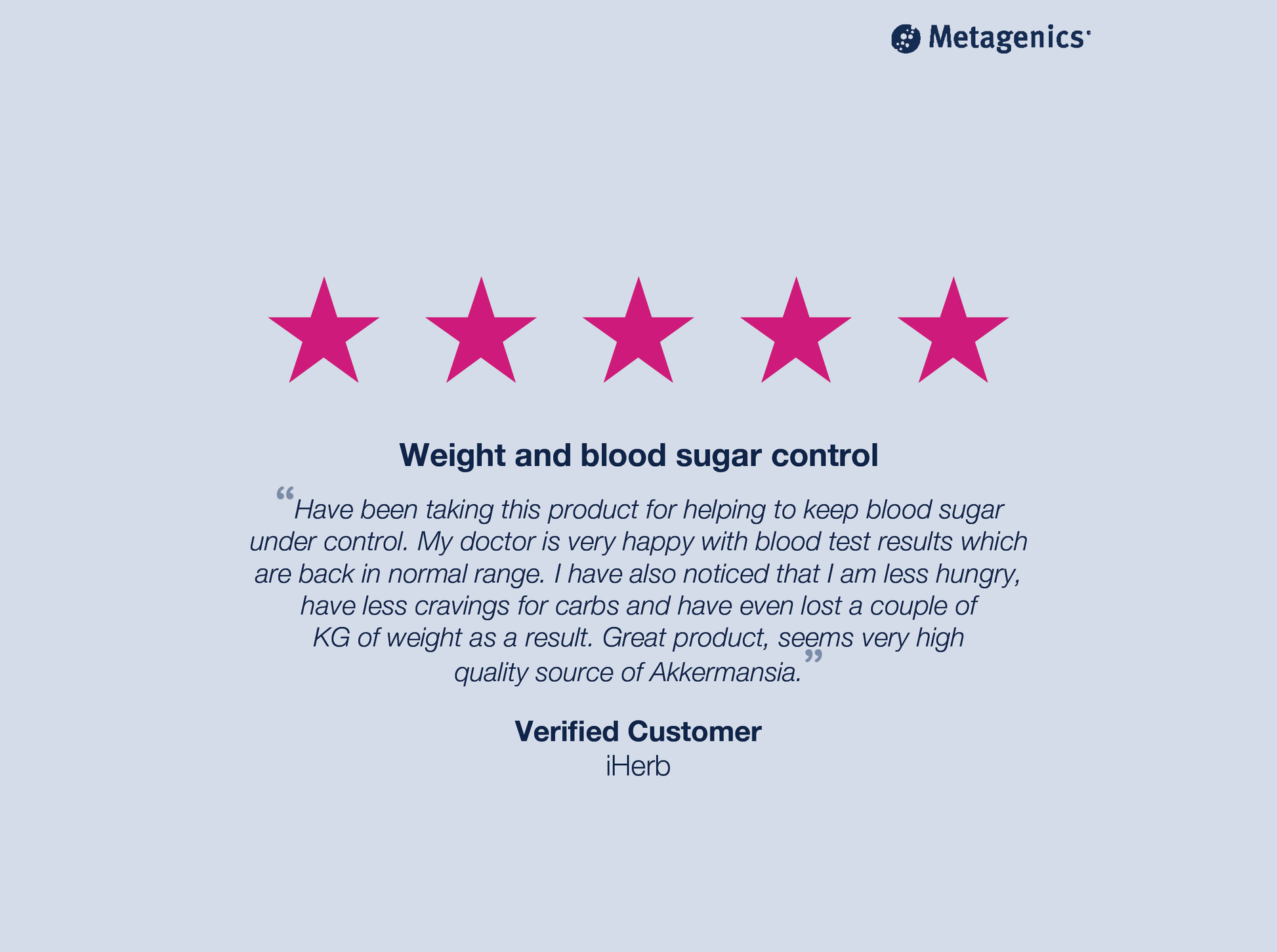 Five-star customer review for Healthy Weight with testimonial text and branding