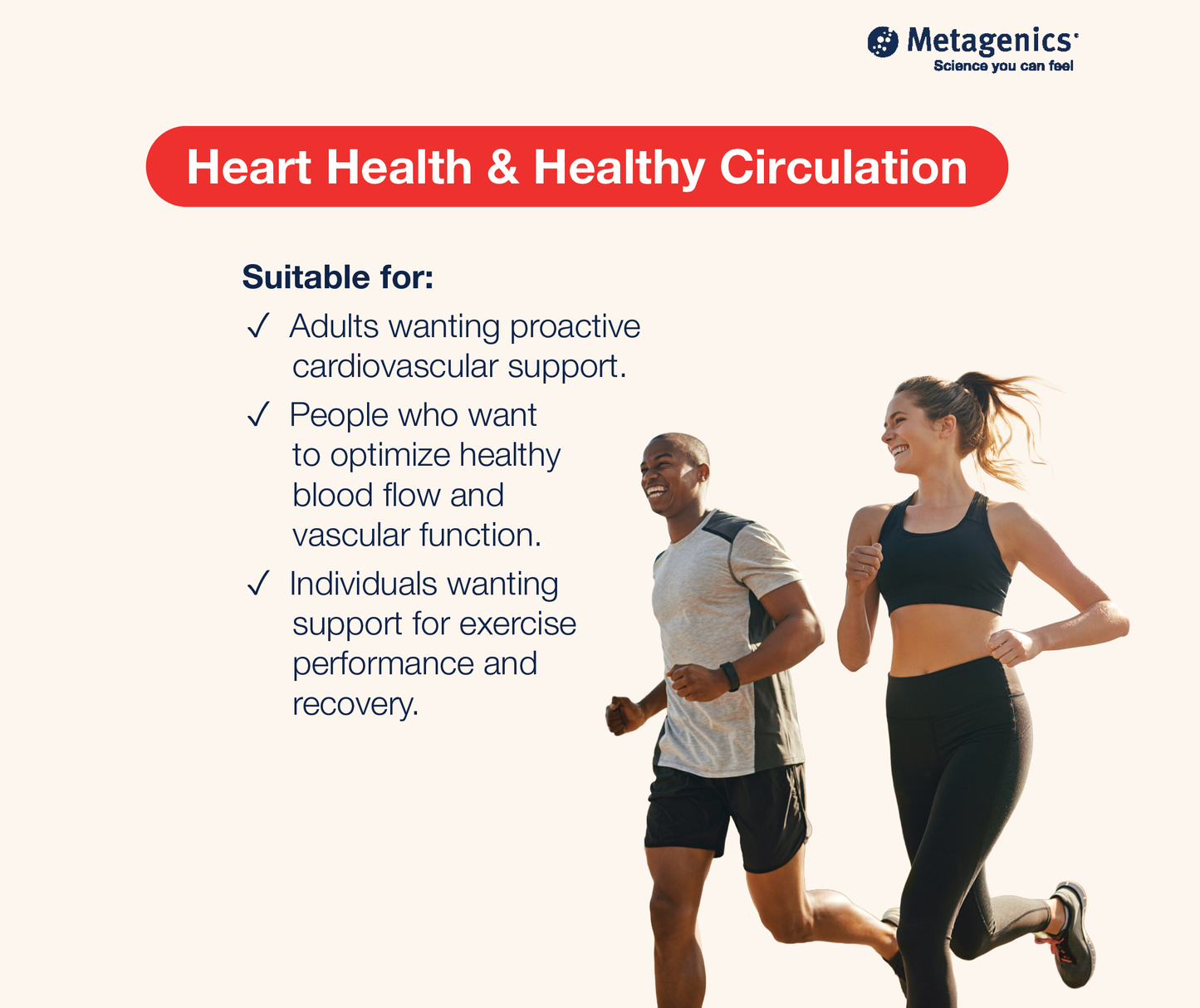 Promotional graphic for Metagenics titled 'Heart Health & Healthy Circulation' on a light cream background. It lists target audiences including adults seeking cardiovascular support and includes a photo of a man and woman jogging on the right side.