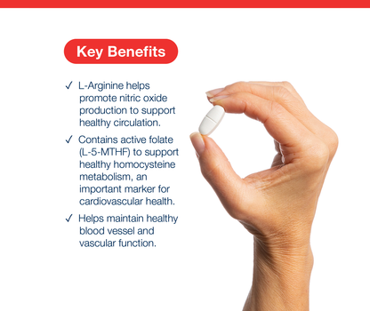 A hand holding a white oval tablet against a white background with a red header reading 'Key Benefits' and three bullet points about L-arginine, folate, and blood vessel health.