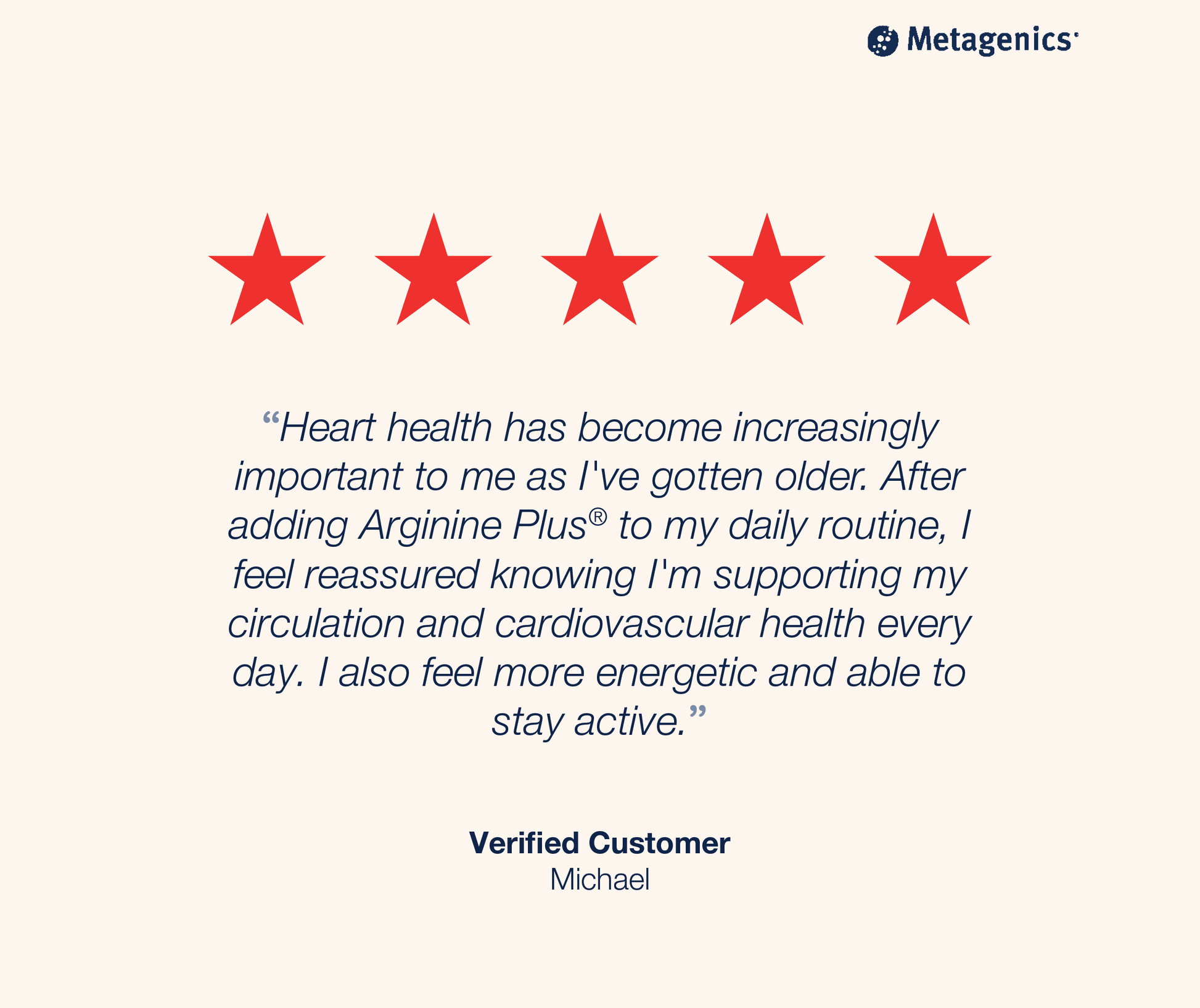 A testimonial graphic with five stars above a customer quote on a light beige background. The text reads: “Heart health has become increasingly important to me as I’ve gotten older..."