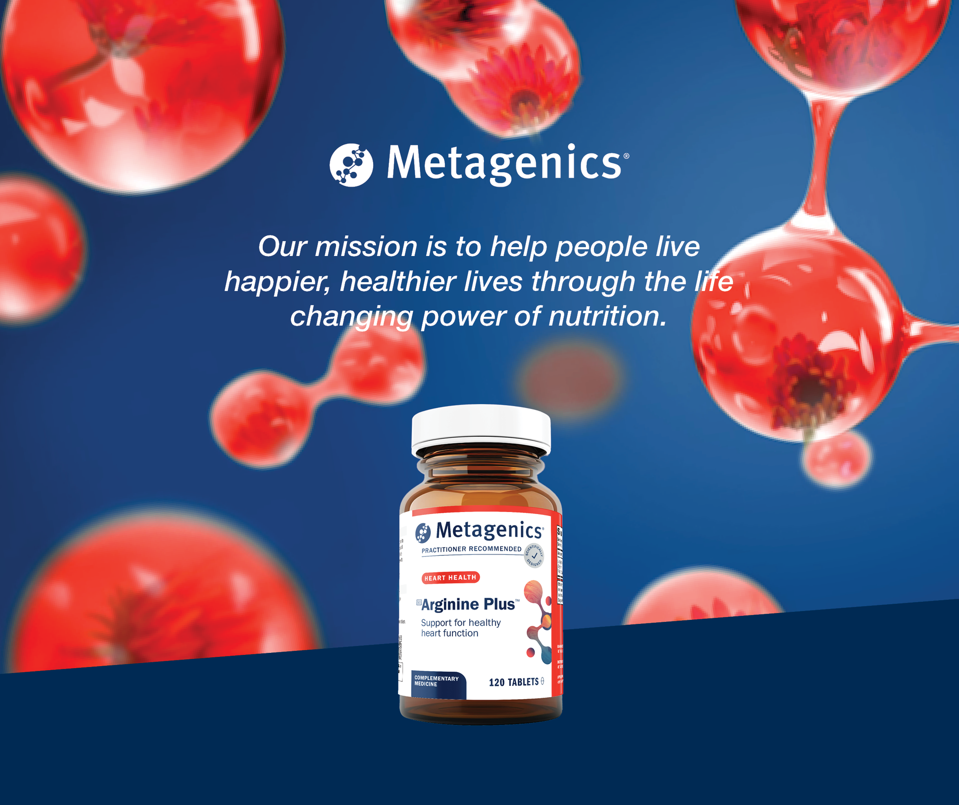Metagenics Arginine Plus supplement bottle centered on a blue background with floating red molecules and white Metagenics mission text.