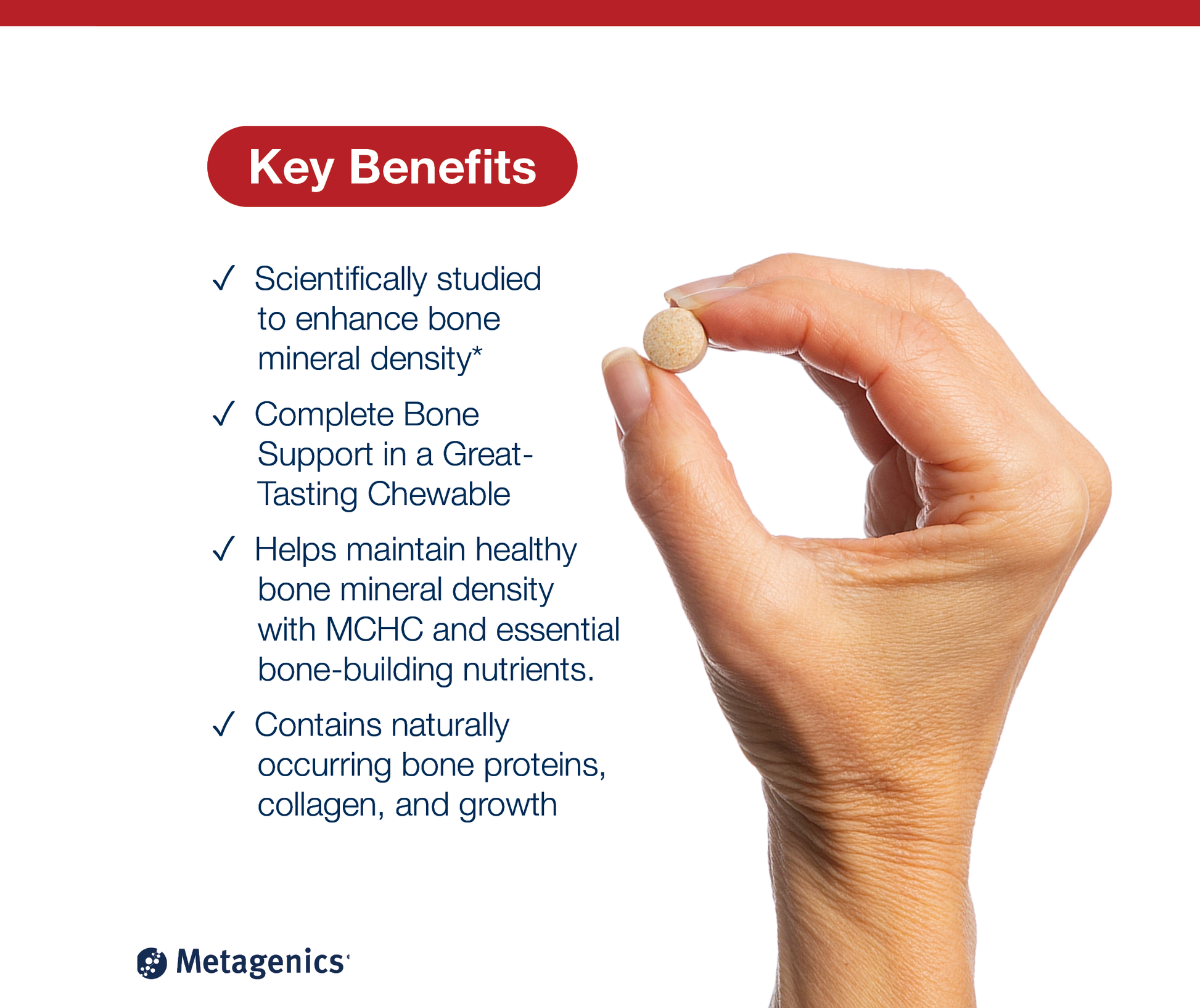 A hand holds a Bone Builder Chewable tablet against a white background with a red header reading 'Key Benefits' and a bulleted list of product benefits. 