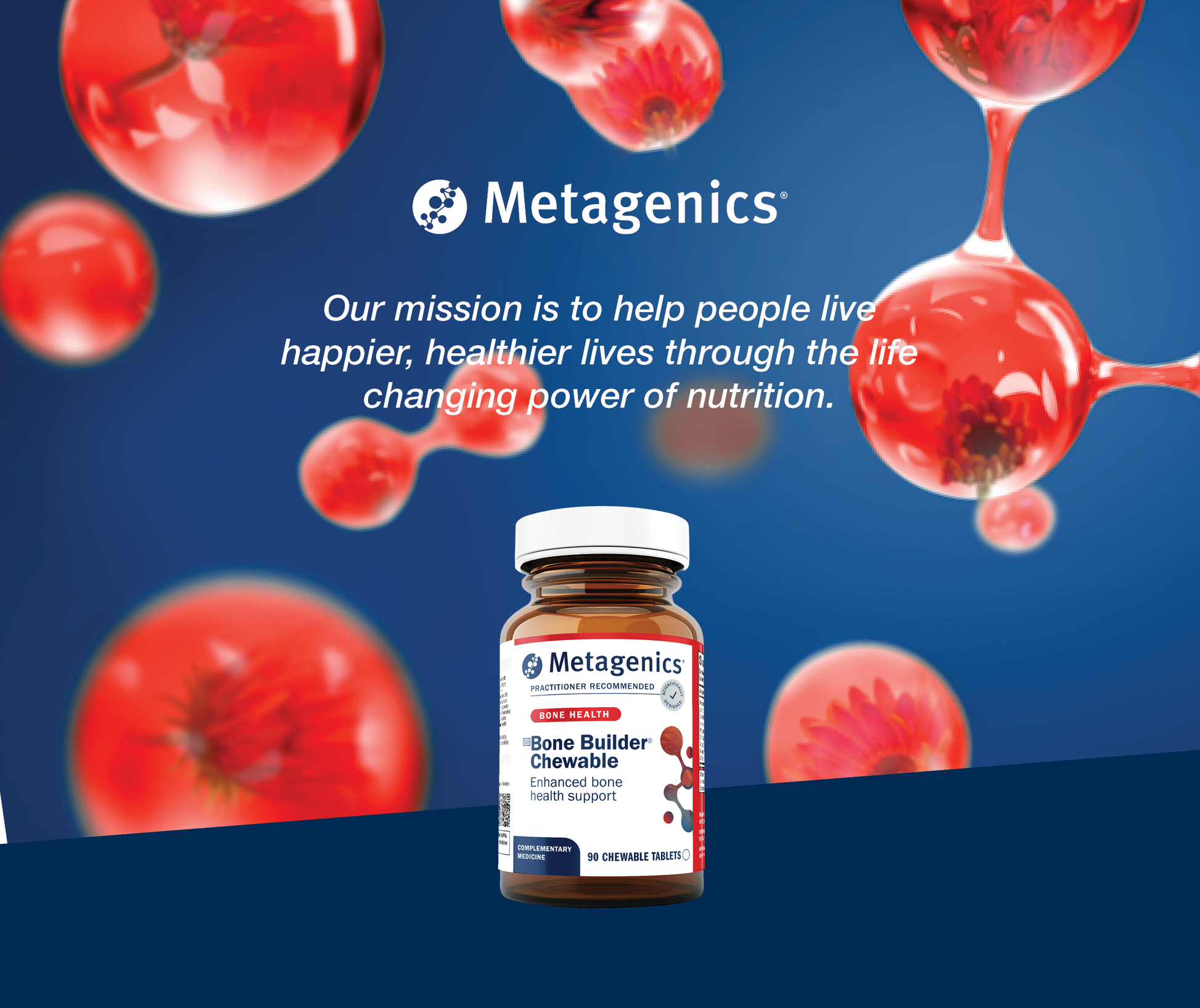 Metagenics Bone Builder Chewable supplement bottle shown against a blue background with floating red molecule graphics and the Metagenics brand name and mission above it.