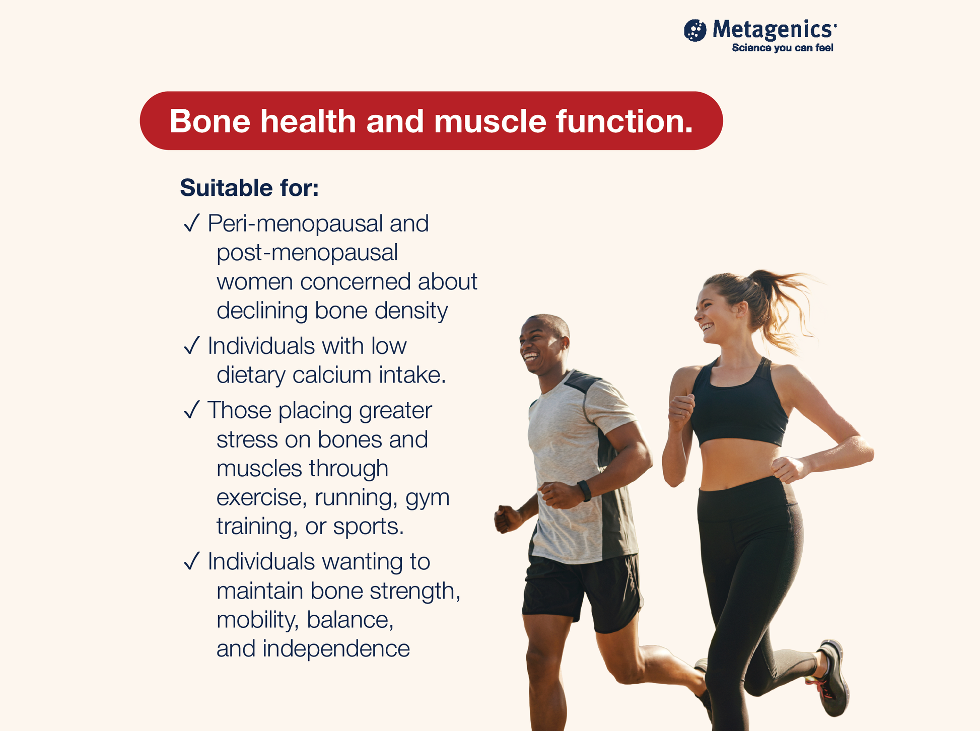 An informational graphic for Metagenics Bone Builder with Magnesium titled 'Bone health and muscle function.'