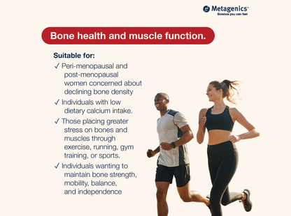 An informational graphic for Metagenics Bone Builder with Magnesium titled 'Bone health and muscle function.'