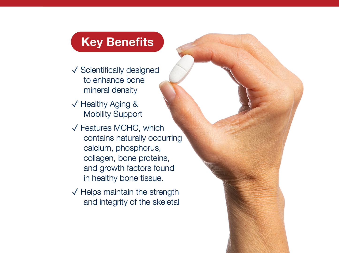 A hand holding a Metagenics Bone Builder with Magnesium tablet against a white background, next to a list of key benefits.