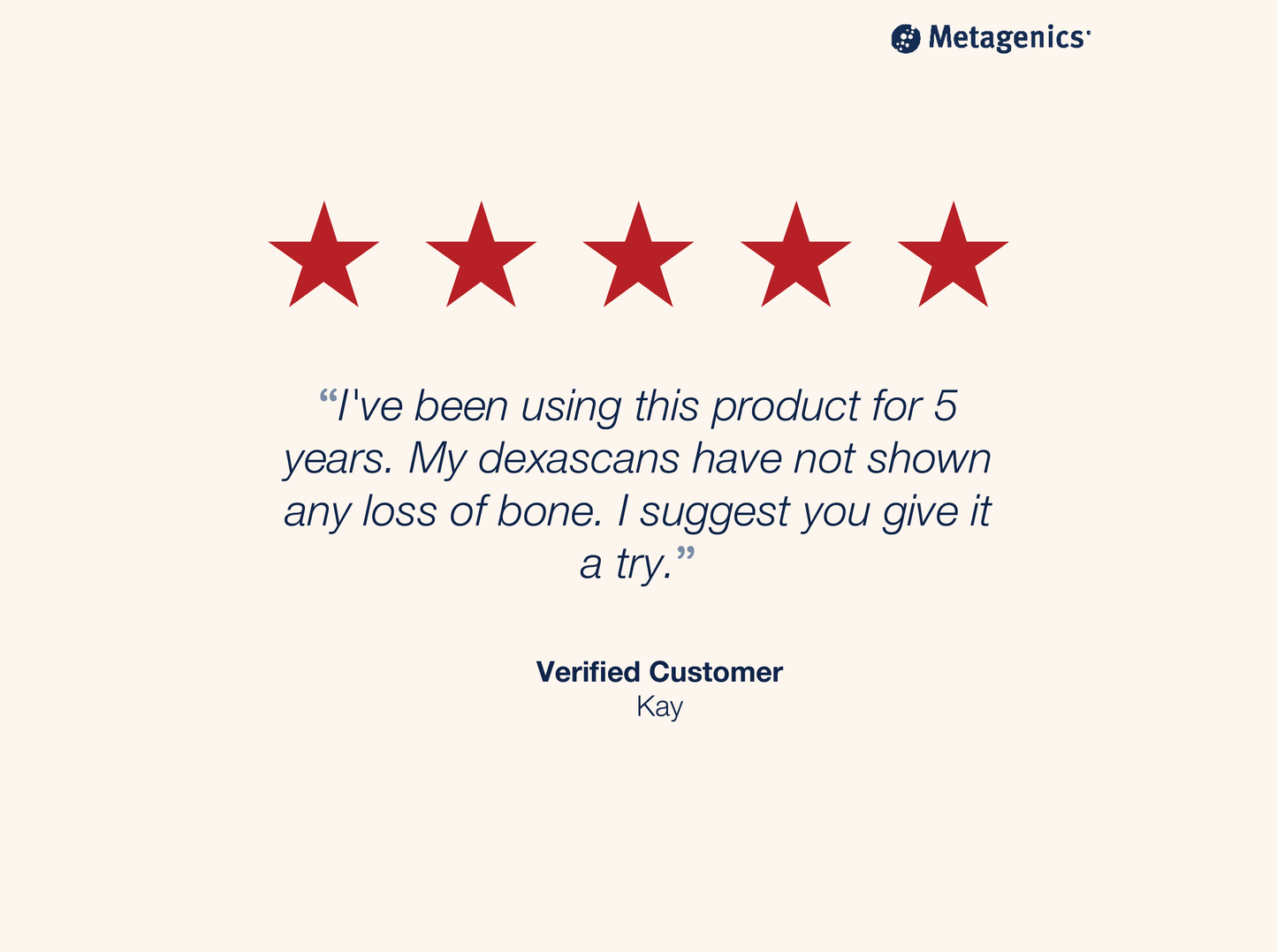 A verified customer review card with a five-star rating graphic and a customer testimonial quote on a light cream background.