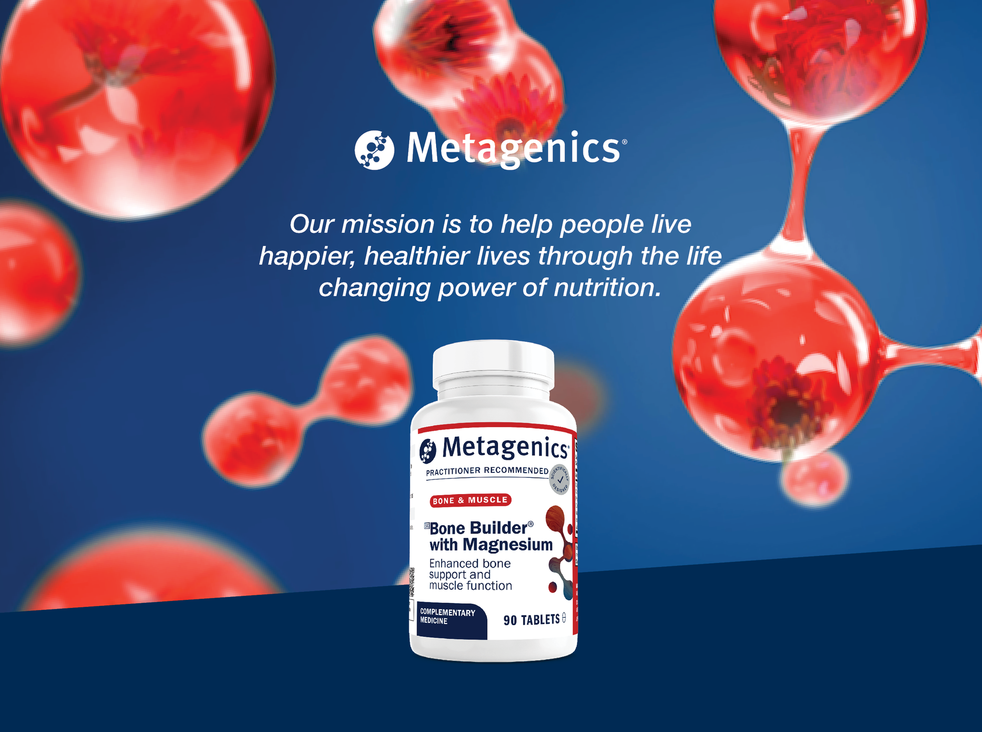 Metagenics Bone Builder with Magnesium supplement bottle shown against a blue background with red molecular graphics and white Metagenics mission text.