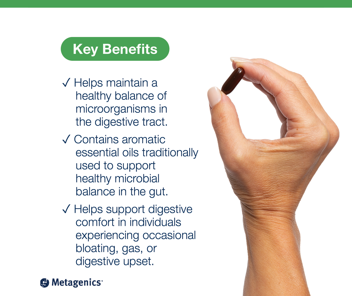 A hand holding a CandiBactin-AR capsule on a white background next to text about the key benefits of the supplement.