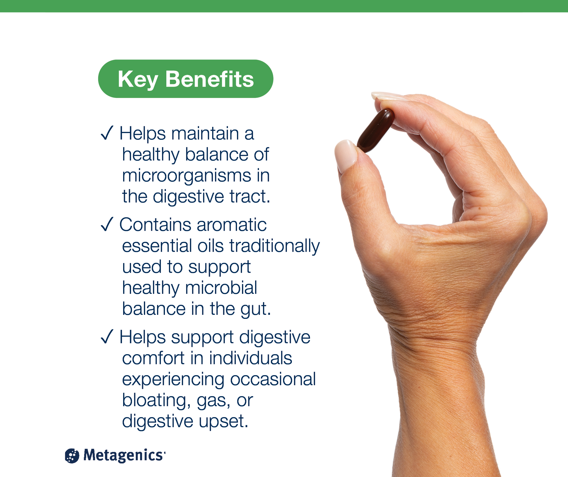 A hand holding a CandiBactin-AR capsule on a white background next to text about the key benefits of the supplement.