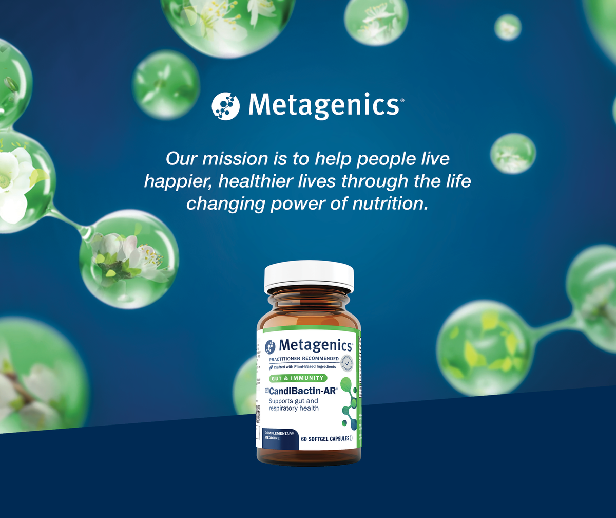 Metagenics CandiBactin AR supplement bottle shown against a dark blue background with floating green molecular graphics and the Metagenics logo and mission statement.