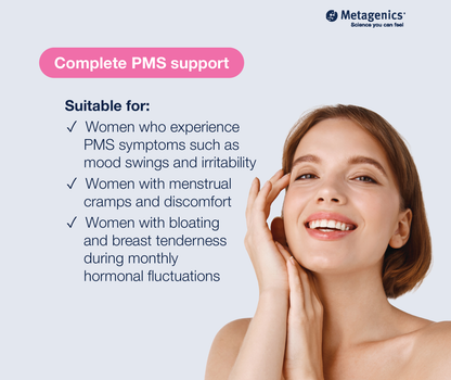 Graphic featuring a smiling woman on the right and text on the left detailing who Chasteberry Plus is suitable for.
