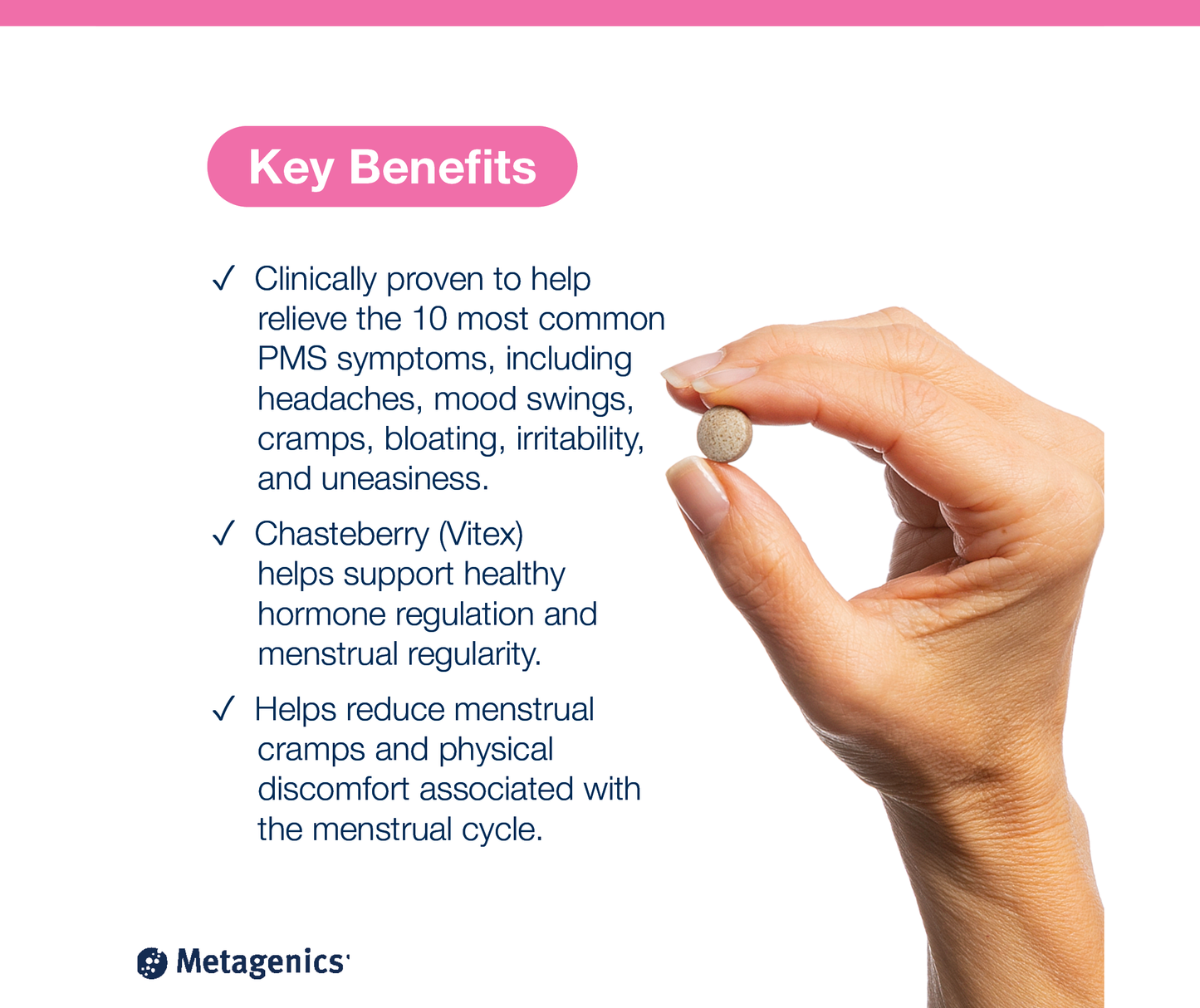 A graphic featuring a hand holding a Chasteberry Plus pill on the right and a list of key benefits on the left.