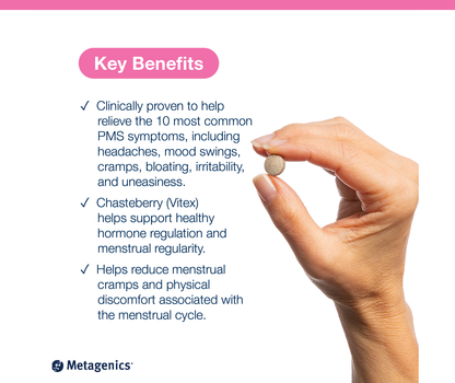 A graphic featuring a hand holding a Chasteberry Plus pill on the right and a list of key benefits on the left.