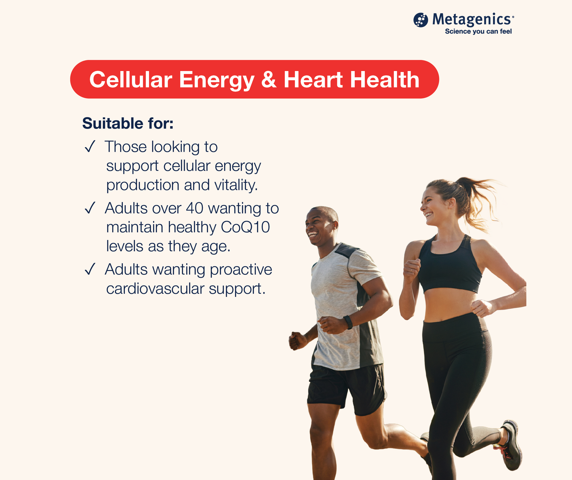 Information about cellular energy and heart health support with active lifestyle imagery and CoQ10 ST 100 mg benefits