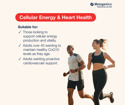 Information about cellular energy and heart health support with active lifestyle imagery and CoQ10 ST 100 mg benefits