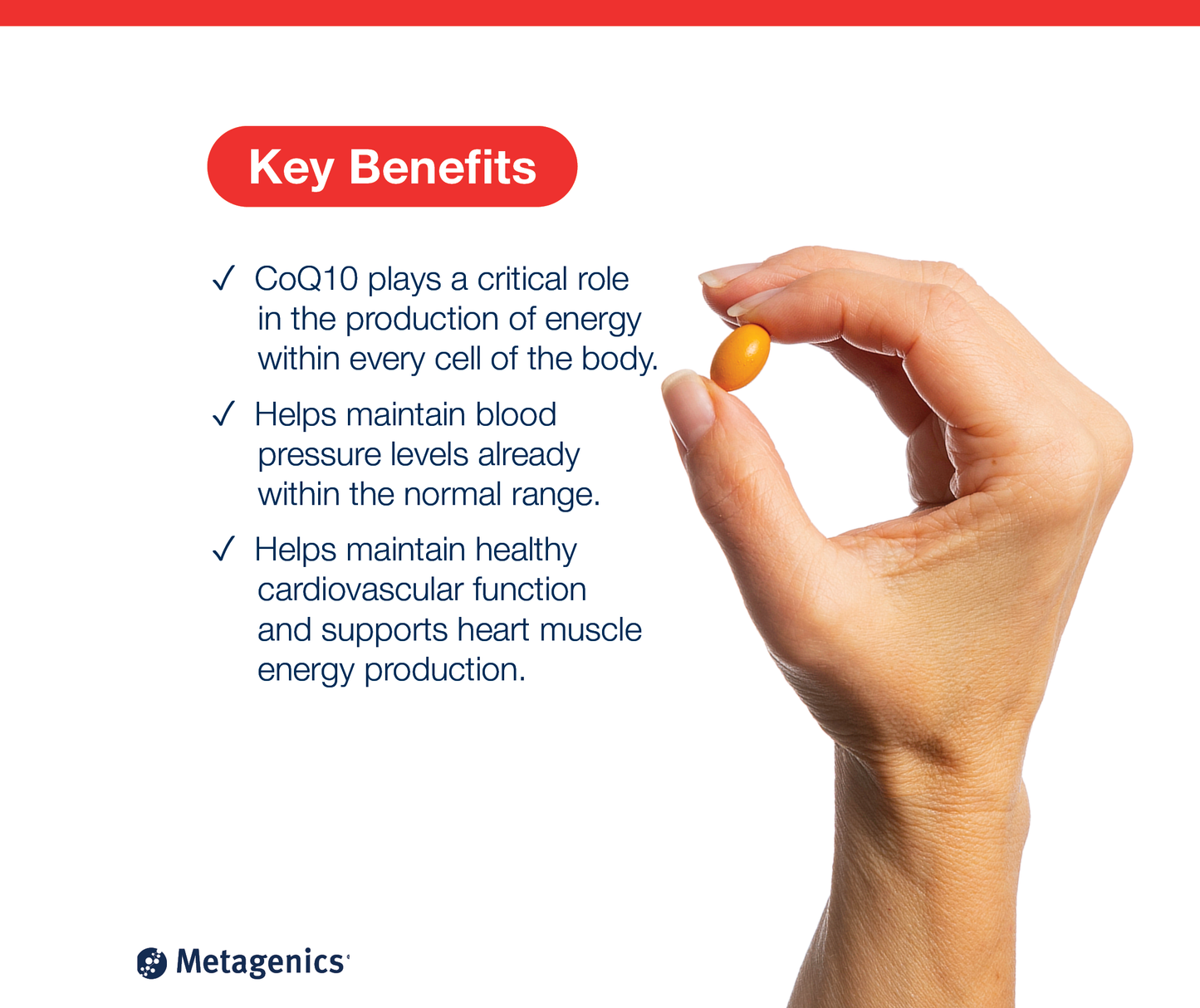 A hand holding a CoQ10 ST 100 mg softgel capsule beside key product benefits and Metagenics branding