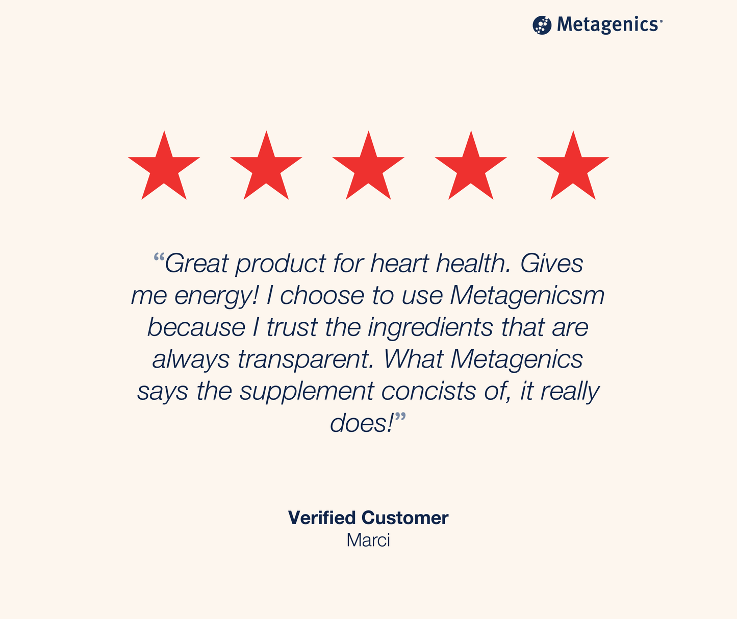 Five-star customer review for CoQ10 ST 100 mg with testimonial text and Metagenics branding