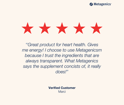 Five-star customer review for CoQ10 ST 100 mg with testimonial text and Metagenics branding