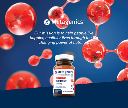 Metagenics CoQ10 ST 100 mg supplement bottle displayed with the Metagenics mission to help people live happier and healthier lives through the life-changing power of nutrition