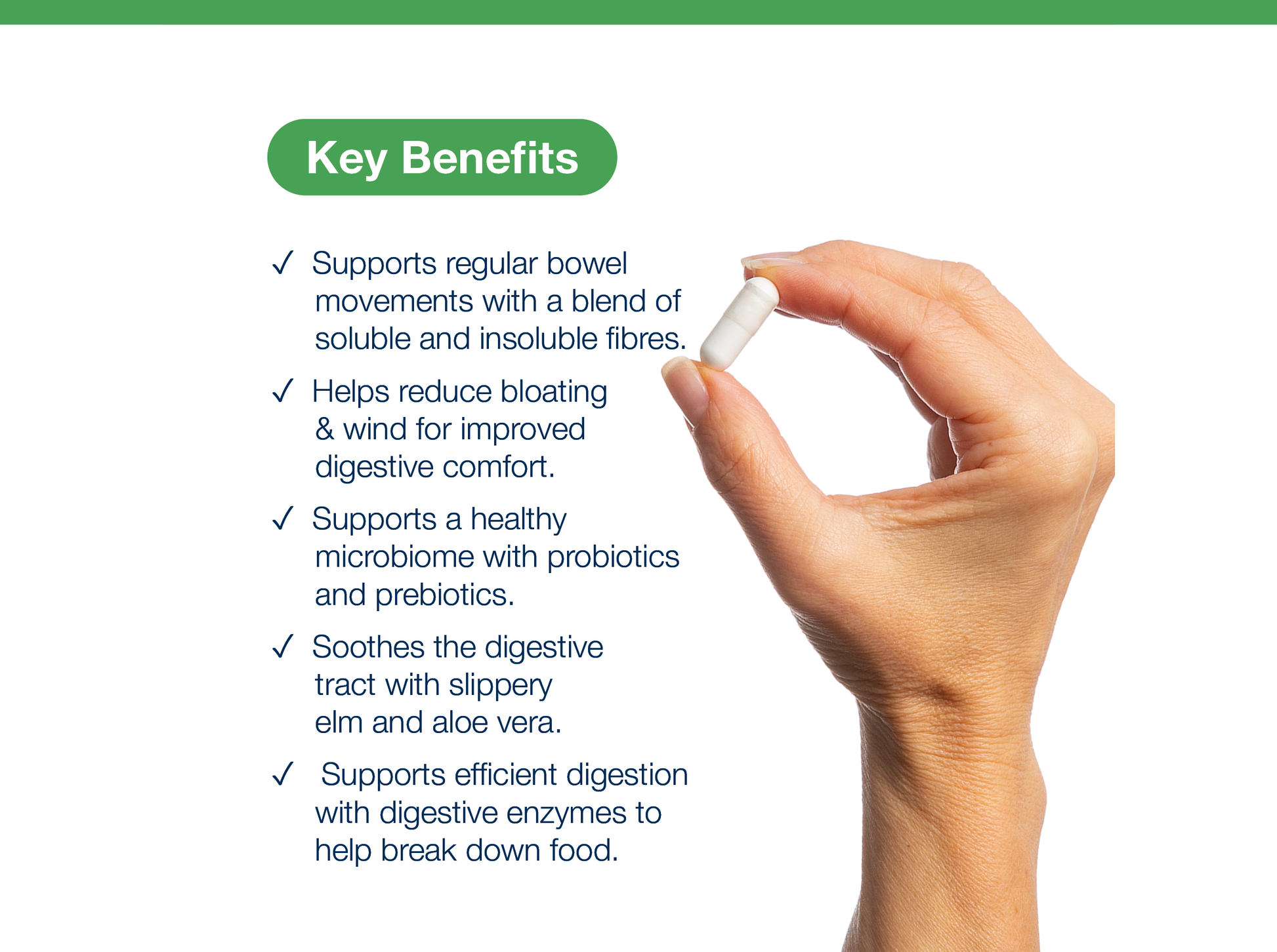 A key benefit graphic featuring the key benefits of Colon Ecology on the left and a hand holding a Colon Ecology capsule on the right.