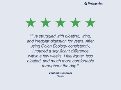 A 5-star testimonial graphic showing a verified customer review of Colon Ecology