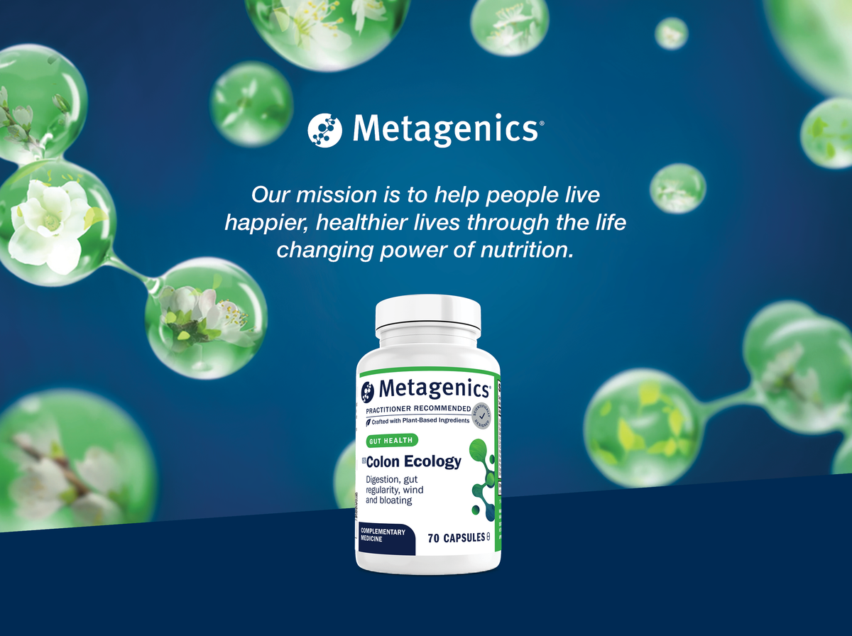 A bottle of Colon Ecology with the Metagenics mission above it.