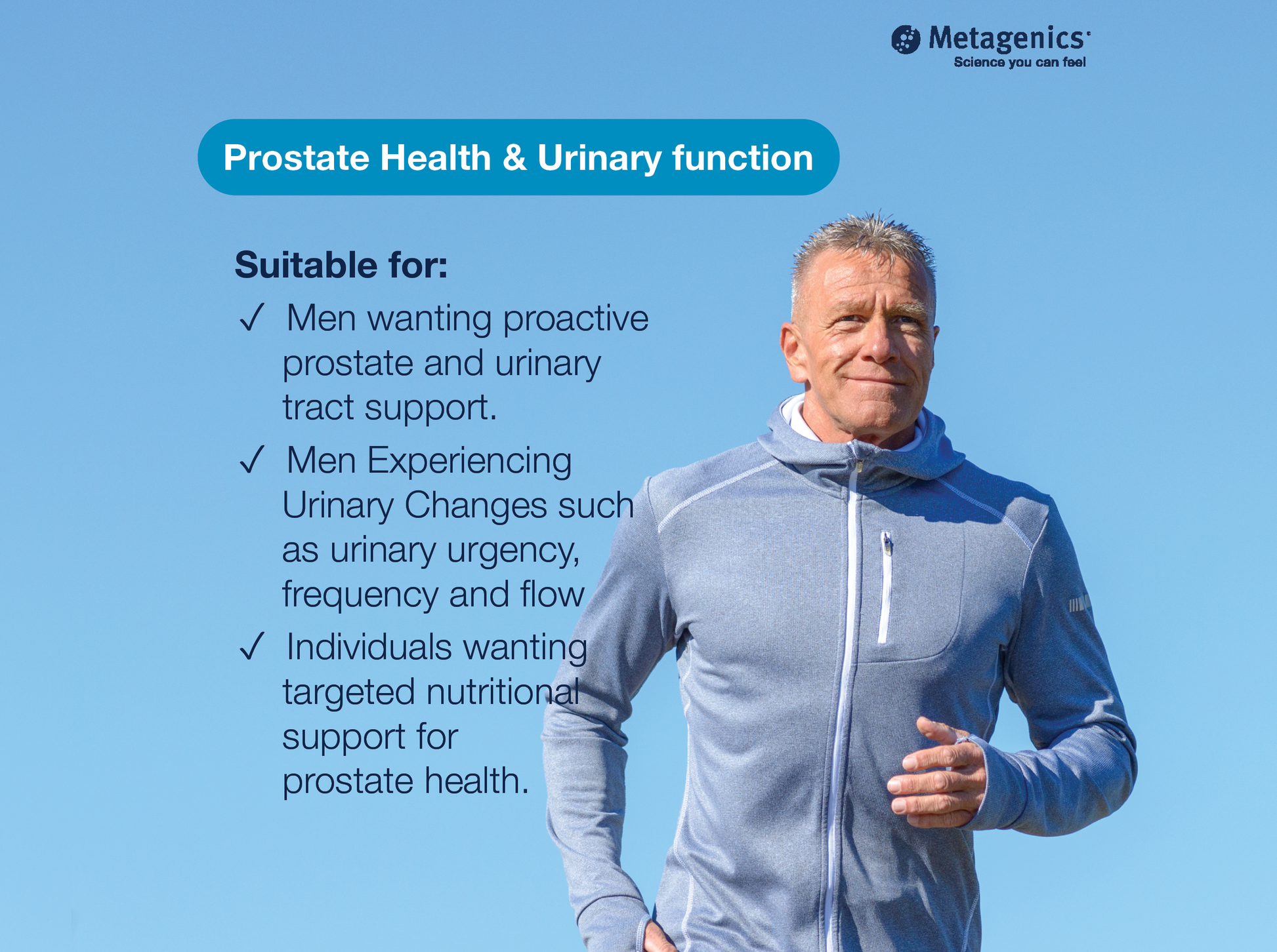 Information about prostate and urinary health support with Concentrated Ultra Prostagen and an active lifestyle image
