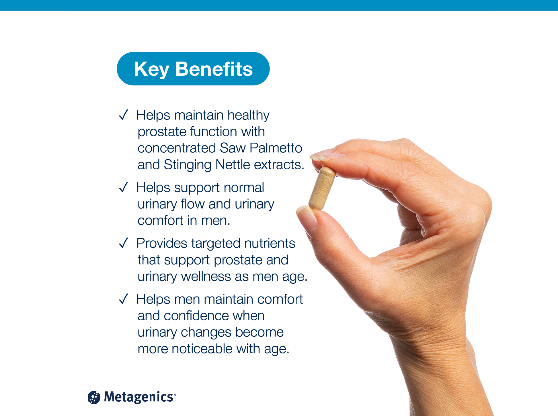 A hand holding a Concentrated Ultra Prostagen capsule beside key product benefits and Metagenics branding