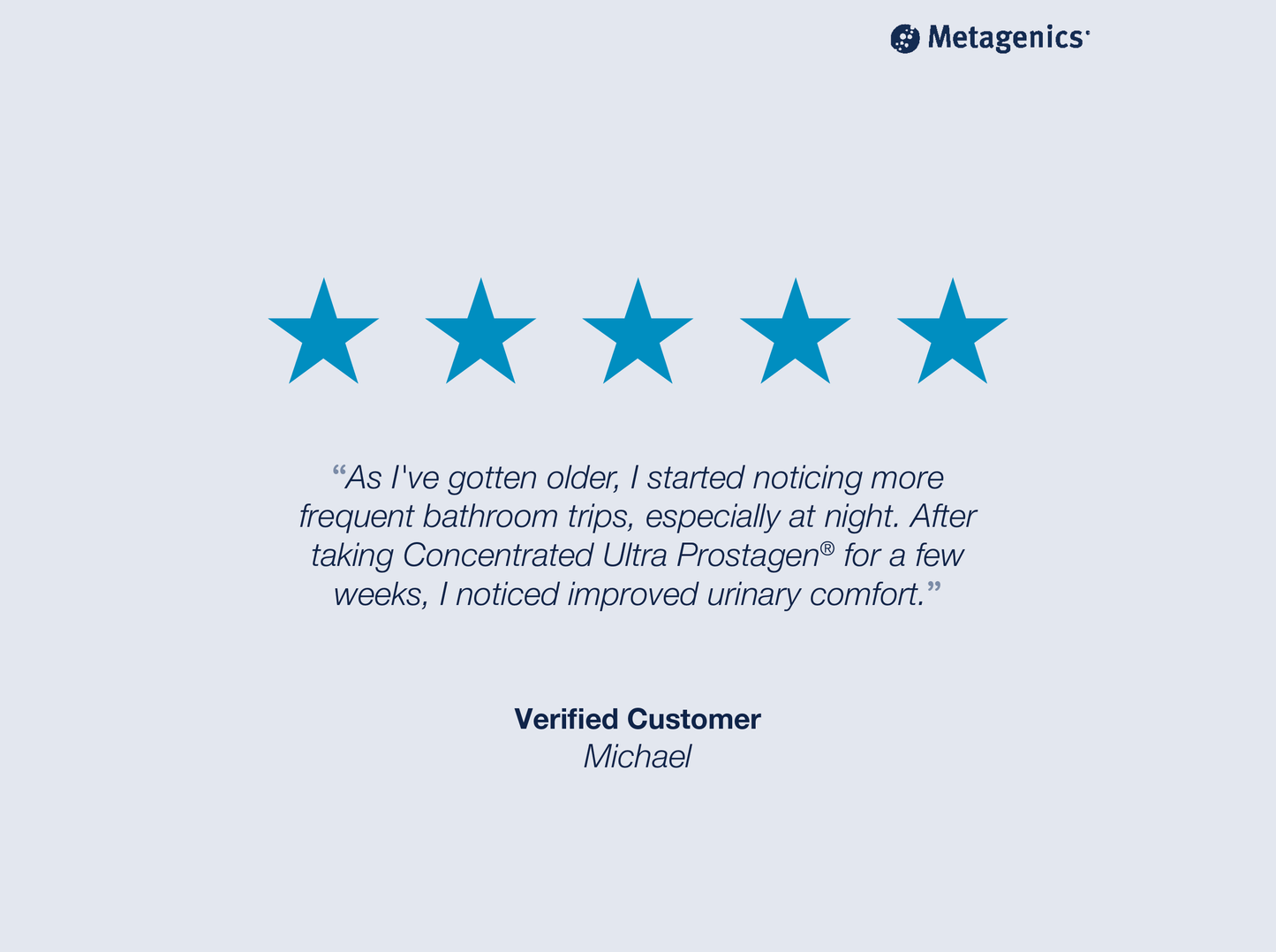 Five-star customer review for Concentrated Ultra Prostagen with testimonial text and Metagenics branding