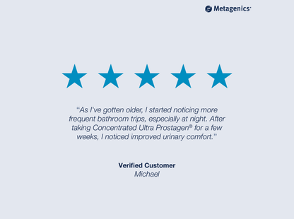 Five-star customer review for Concentrated Ultra Prostagen with testimonial text and Metagenics branding