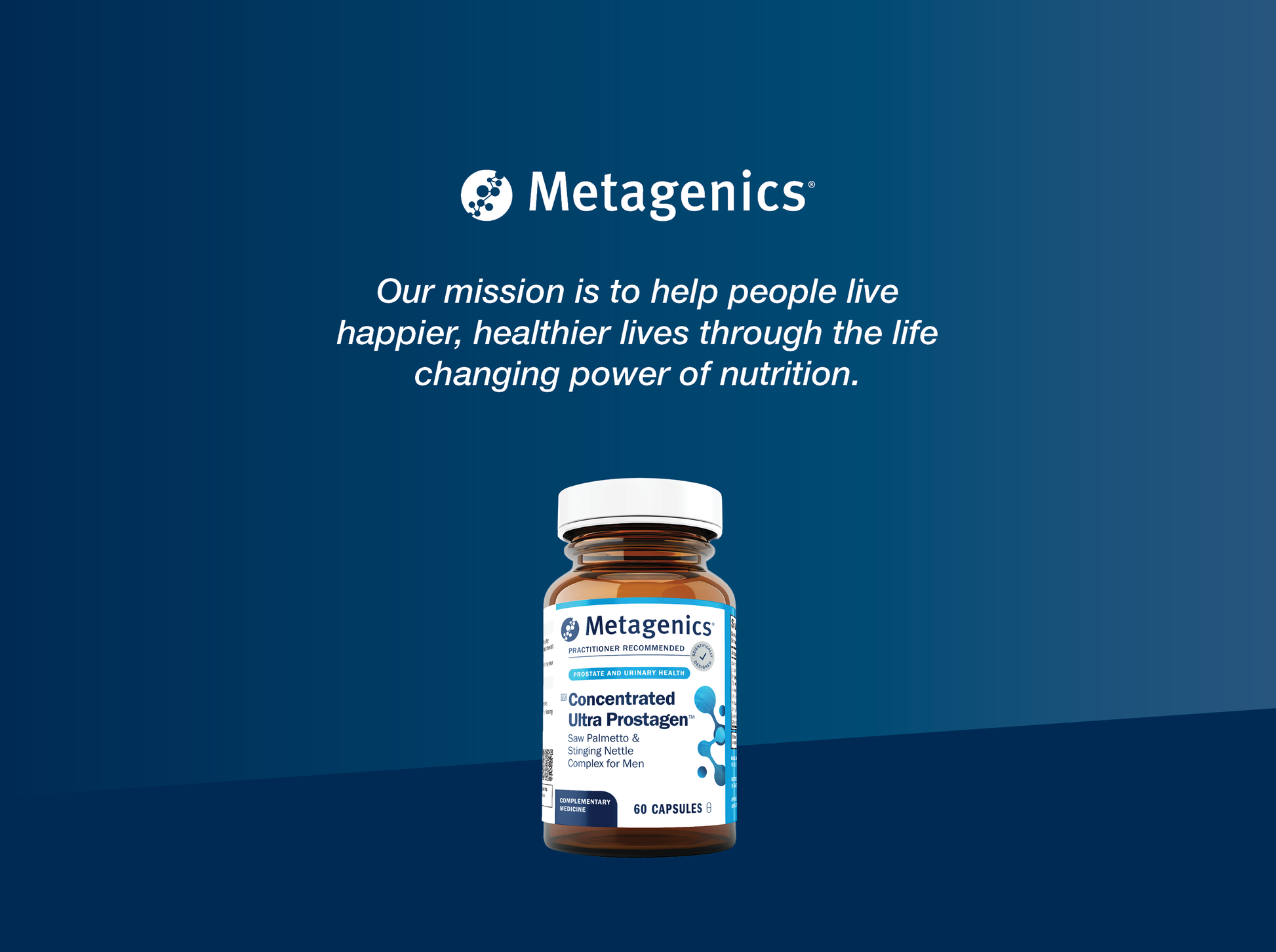 Concentrated Ultra Prostagen supplement bottle with Metagenics mission on a blue background